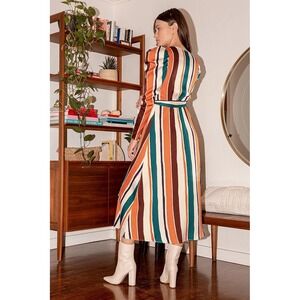 Lulus Best Intentions Cream Multi Striped Long Sleeve Midi Wrap Dress Size M